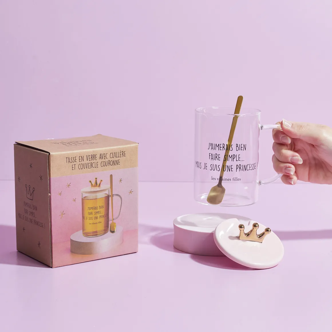 La Chaise Longue Thé & Café-TASSE VERRE PELLE AVEC COUVERCLE ROSE COURONNE
